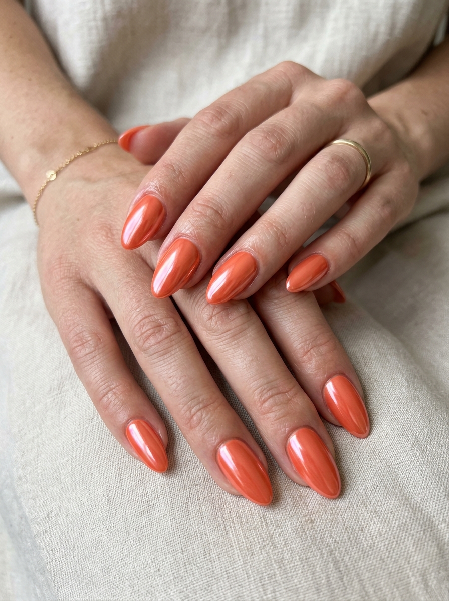 Coral Chrome Almond Nails